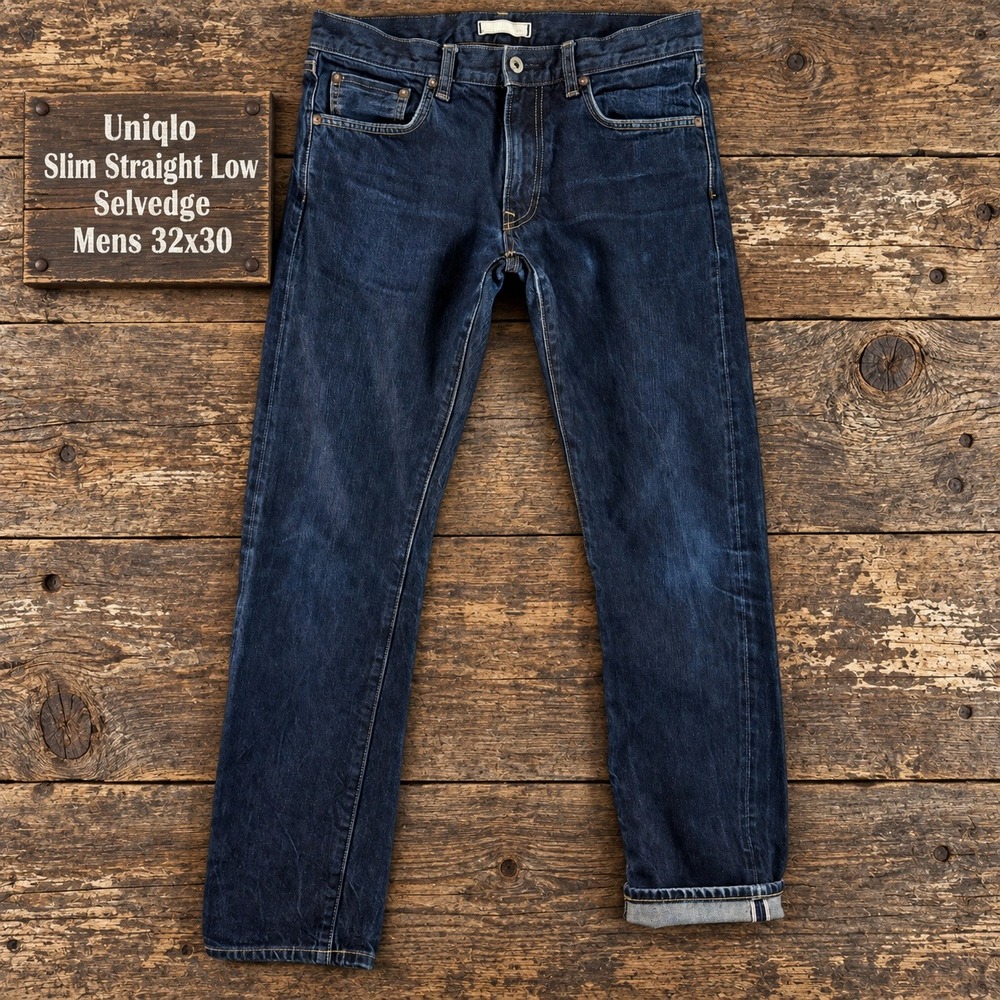 Uniqlo Mens 32x30 Slim Straight Low Rise Selvedge Jeans Dark Wash Blue Denim